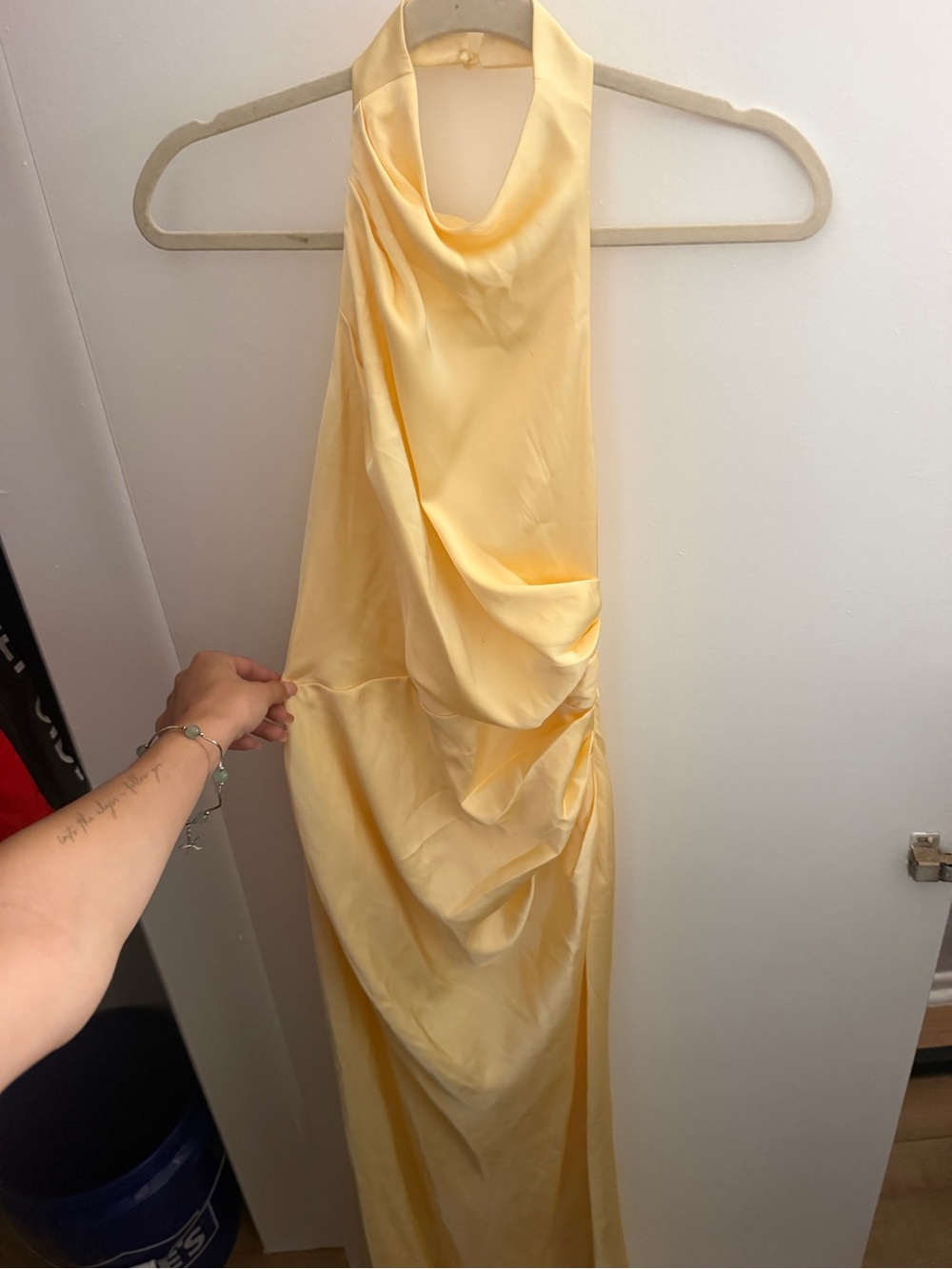 High Neck Yellow Draped Satin Evening Dress